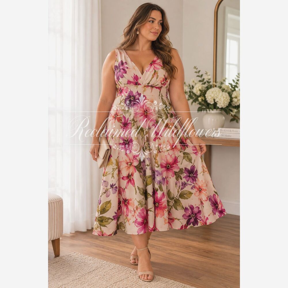 Custom Handmade Floral V-Neck Fit & Flare Maxi Dress – Women’s Size 12/14